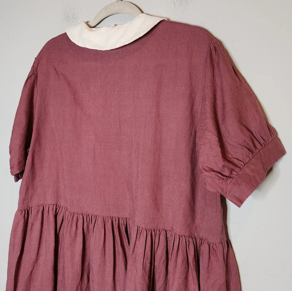 Eva Linen Peterpan Collar Puff Sleeve Button Front Mauve Mini Dress. Free Size - Picture 13 of 16